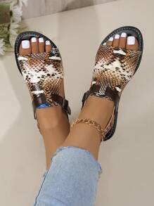 2025 New Premium Vintage Snake Print Comfortable Casual Open Toe Flat Sandals - Gold - View 1