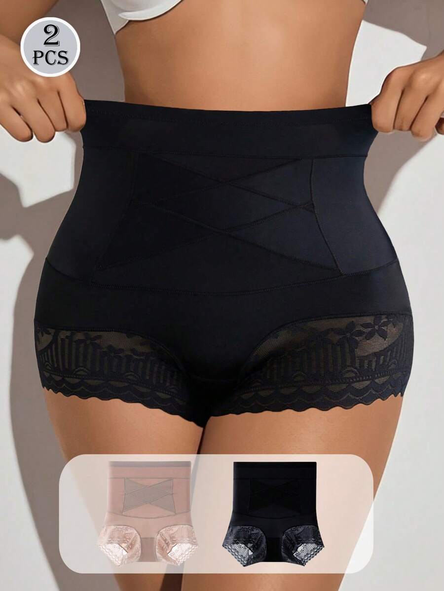 2pcs/Set Women High Waist Lace Tummy Shaping Control Panties, Postpartum Slimming Seamless Briefs, Solid Color - Multicolor - View 1