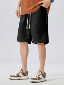 Plus Size Jacquard Weave Loose Fitting Bermuda Shorts, Casual Sports Style, Suitable For Summer - Black - View 1