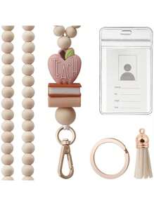 1pc Neck Keychain Strap Boho Tassel Wooden Beaded Lanyard For Keys Keychain ID Card Holder Fashion Necklace Lanyards For Women Gift,School Supplies,Back To School