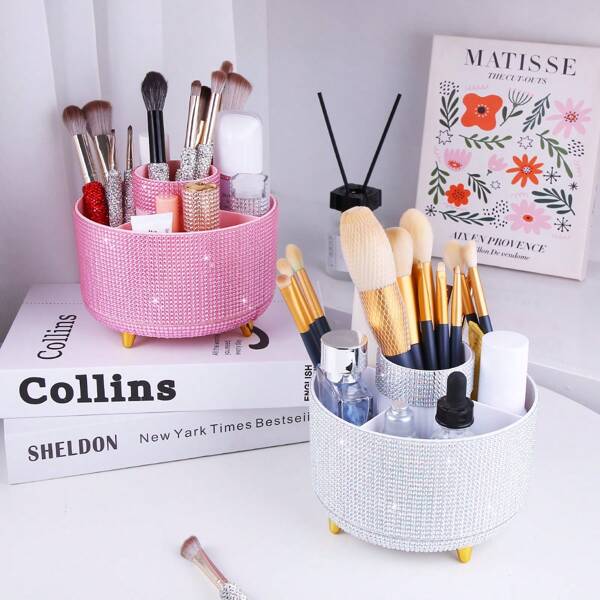 1 pieza Soporte para brochas de maquillaje con rhinestones, organizador giratorio a 360° para brochas de rímel, lápiz de cejas y lápiz labial, adecuado para oficina, tocador, baño, gran regalo para mujeres