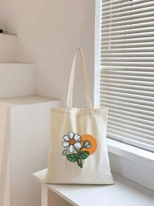 新款米色时尚植物图案印花手提包，容量大，款式方便，适合学校、校园、图书馆、购物、旅行、户外、休闲 - 米色 - 查看 7