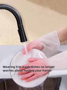 加厚手套家用橡胶PVC清洁手套可重复使用防水乳胶手套厨房洗碗手套洗衣手套防滑家居清洁和食品处理用手套（白色袖位印有随机图案） - 彩色 - 查看 10