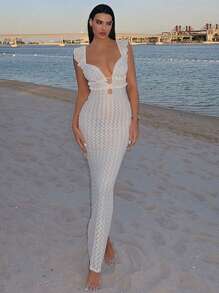 Elegant Women's Sexy V-Neck Lace Knit Semi-Sheer Backless Dress, Boho Style, Spring/Summer - Apricot - View 3