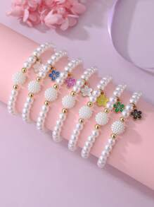 7件套卡通滴油蝴蝶、雏菊、爱心、独角兽吊坠珍珠手链套装 - 彩色 - 查看 14