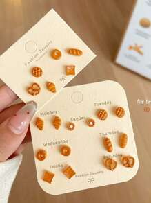 14 件/6 件可爱卡通焦糖面包和甜甜圈设计耳钉套装，简约女性珠宝礼物，适合日常佩戴 - 彩色 - 查看 4