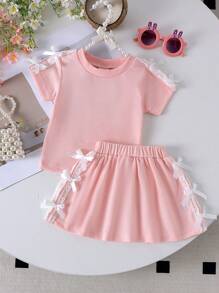 2pcs Baby/Baby Girl Cute Casual Pink Short Sleeve Top + Skirt Outfit Set, Lightweight Summer - Pink - View 3