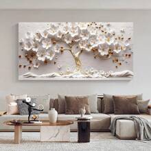 1pc, Botanical Posters, 2D Flat White Flower Tree Wall Arts, Golden Tree Landscape Decorative Painting, Golden Tree Of Life Canvas Painting, For Office, Bedroom, Kitchen, Living Room, Wall Decor, No Frame