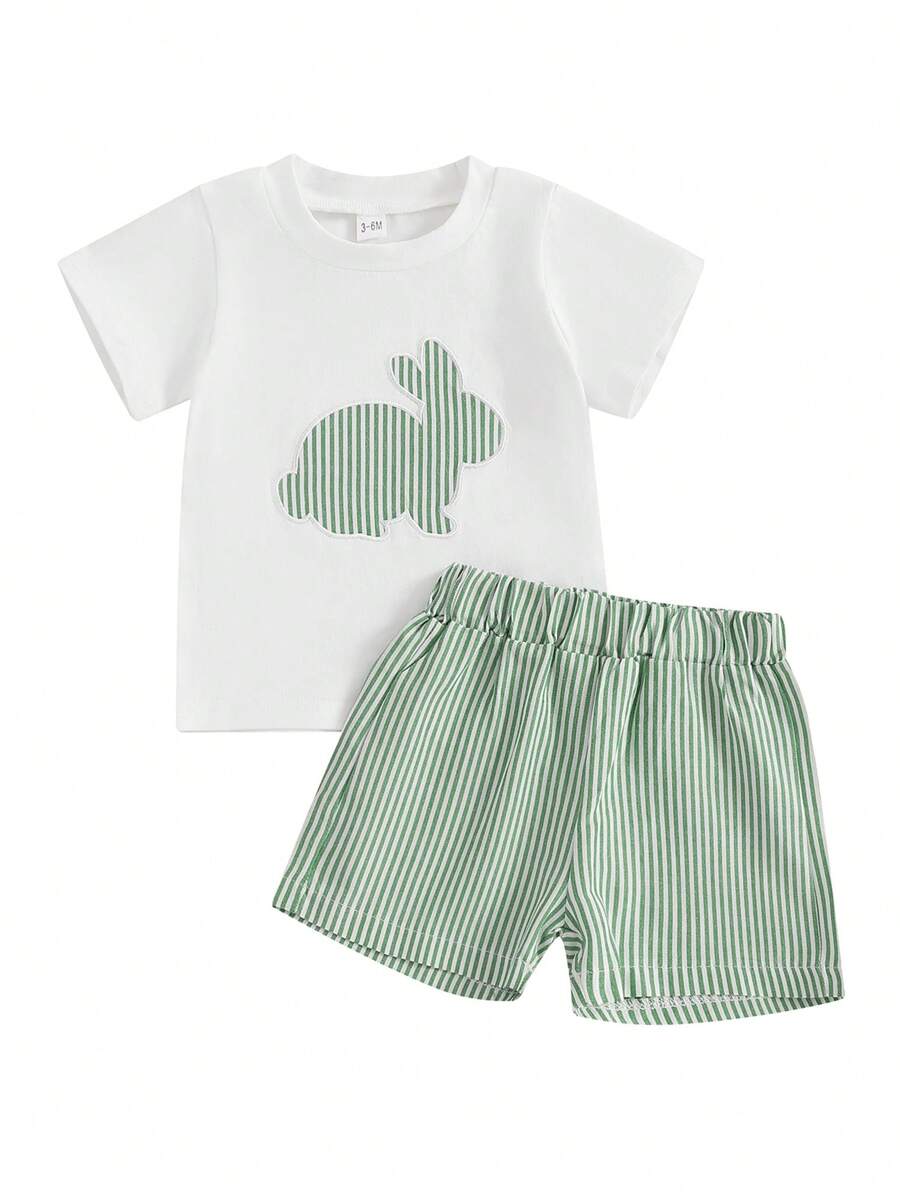 Baby Toddler Boy Easter Outfit Bunny/Carrot Truck Short Sleeve T-Shirt Striped/Plaid Shorts 2 Piece Outfit - White - View 1