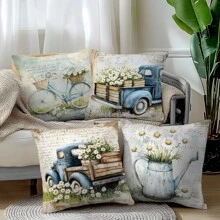 4pcs Vintage Watercolor Daisy Truck Bicycle Pillow Case Set, Single-Sided Soft Peach Velvet Fabric, 40*40/45*45/50*50CM Cushion Cover Suitable For Indoor Decor, Party, Gift - Multicolor - View 7