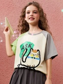 Camiseta de manga corta con estampado de animales y plantas en relieve para niñas preadolescentes - Beis - Ver 2