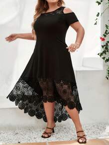 Big Ladies Spring And Summer Plus Size Dress With Ruffles, Color Clashing Lace Splicing And Cold Shoulder Design, Medium Stretch Comfortable Asymmetric Hemline - màu đen - Xem 3