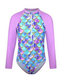 New Style Girls' Long Sleeve One-Piece Swimsuit, Fish Scale Print - Multicolor - View 2