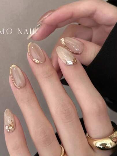 10 piezas de uñas postizas con forma de almendra, doradas y plateadas, hechas a mano, adecuadas para uso diario y festivales, reutilizables, apropiadas para mujeres y niñas, lindos suministros de uñas