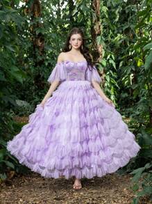 Off Shoulder Floral Applique Bodice Contrast Tiered Ruffle Hem Homecoming Prom Dress Perfect Wedding Guest Dress, For Back To School, Gathering, Dance & Cocktail Events, Party Dress - Lilac Purple - View 7