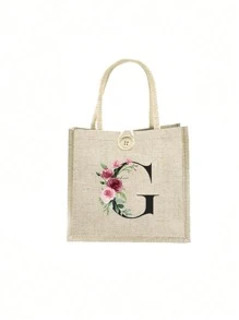 1 pieza Bolso de mano con flor de lino y letra, bolso de gran capacidad sencillo, bolso de almacenamiento casual portátil, bolsa de compras multifuncional, bolsa de regalo personalizada, adecuada para bodas, cumpleaños, playas, festivales, regalos perfectos para mujeres, maestros, amigos, damas de honor, bolsos grandes, estudiantes y vuelta a clases