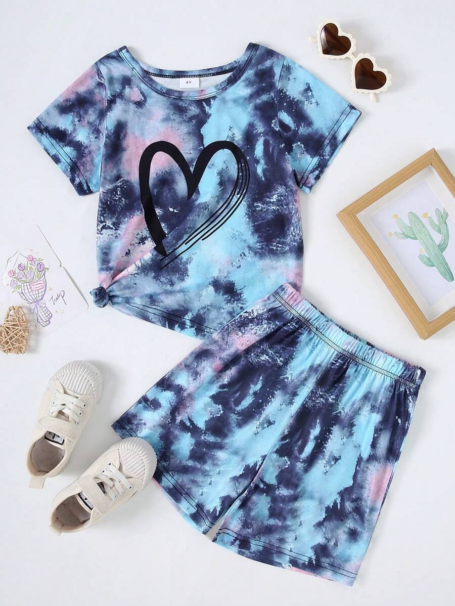 2 件套女童休闲扎染心形印花短袖圆领 T 恤 + 扎染短裤，夏季 - 彩色 - 查看 1