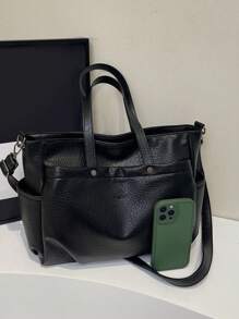 Large Capacity Vintage Simple Solid Color Tote Bag For Daily Commute - Black - View 8