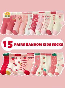 20 双女童中筒袜，卡通花卉和草莓图案，甜美风格，涤纶混纺针织面料，仅可手洗，四季皆宜，适合 0-14 岁儿童