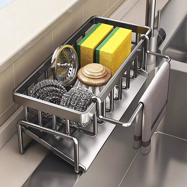 1pc Multi-Functional Rack Drain Rack, Kitchen Bathroom Storage Rack, Sink Dishcloth Countertop Dishwashing Detergent Dish Cloth Storage Rack For Dishwashing Detergent Steel Ball Storage Rack
