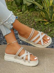 2025 新款水晶钻交叉带罗马凉鞋，适合户外海滩时尚百搭装扮，增高夏季大码厚底女式凉鞋 - 白色 - 查看 4