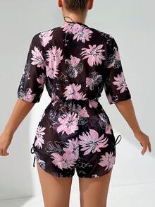 3pcs/Set Women's Tropical Plants Print Halter Tie Bikini Set With Triangle Top & Highwaist Cover-Up Skirt, Sexy Split Swimsuit For Summer Beach Vacation - Black Background With Red Flowers - View 3