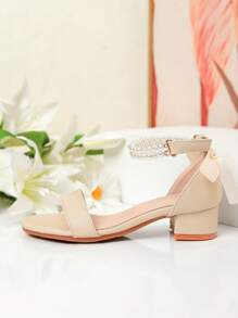 1 Pair Girls Pearl Decorated Fashion High Heel Sandals, Kids High Heel Dance/Performance/Daily Wear Shoes, Summer
