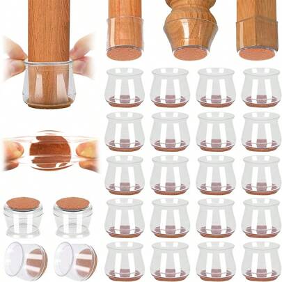 4/8/16/24 piezas Protectores de piso de silicona transparente/negra con almohadillas de fieltro, antiarañazos y reductores de ruido compatibles con pisos duros para sillas de comedor, oficina, sala de estar y taburetes de bar
