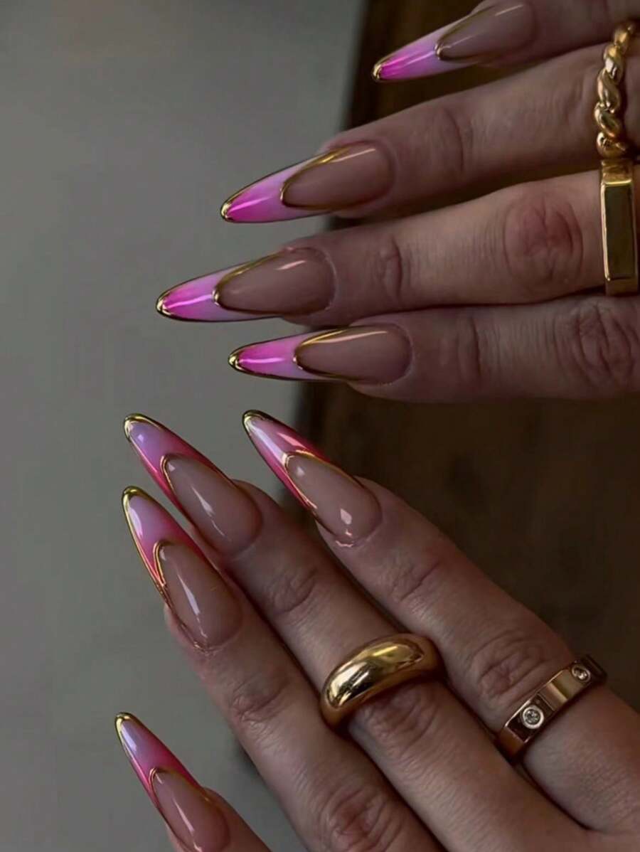 24 Stück/Set mandelförmige Farbverlauf-Nägel in Rosa bis Rot, mit 1 Stück Nagelfeile und 1 Stück Gel-Aufsatznägel, Nagelzubehör - Verschiedenfarbig - Übersicht 1