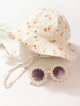 2pcs Floral Button Decor Baby Bucket Hat, Suitable For 0-1 Year Old, Kids' Casual Photo Prop Glasses For 1-8 Years Old