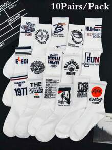 10 Pairs Random Assorted Men's Mid-Calf Socks With Letter & Numeral Personalized Design, Unisex Casual Sports Socks