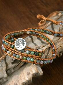 Brazalete de estilo bohemio envolvente de 3 capas con piedra de ágata natural, brazalete de yoga vintage multicapa - multicolor - Ver 5