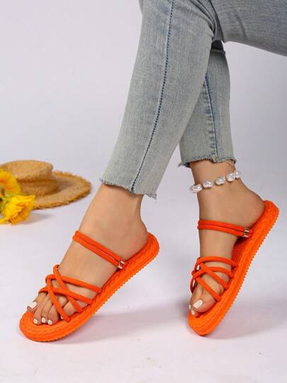 Women Plain Color Open Toe Criss-Cross Flat Sandals, Comfortable Slip-On Casual Beach Slippers