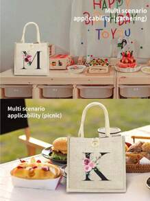 1 pieza Bolso de mano con flor de lino y letra, bolso de gran capacidad sencillo, bolso de almacenamiento casual portátil, bolsa de compras multifuncional, bolsa de regalo personalizada, adecuada para bodas, cumpleaños, playas, festivales, regalos perfectos para mujeres, maestros, amigos, damas de honor, bolsos grandes, estudiantes y vuelta a clases