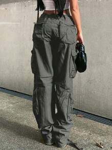 Women's Street Y2K Style High Waisted Wide Leg Jeans With Flip Pocket Work Pants, Women's Retro Streetwear And Clothing - 灰色 - 查看 3