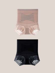 2pcs/Set Women High Waist Lace Tummy Shaping Control Panties, Postpartum Slimming Seamless Briefs, Solid Color - Multicolor - View 8