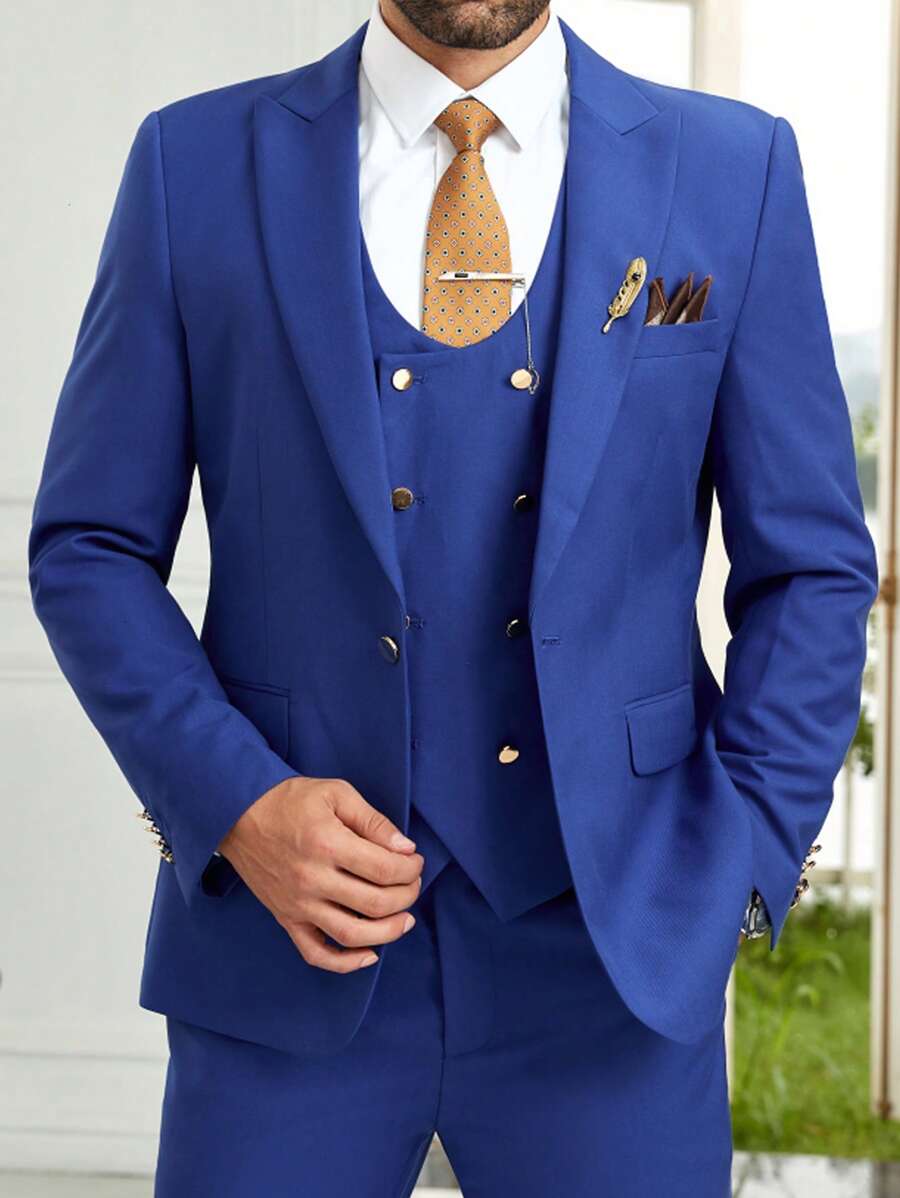 Men's Suits Solid Slim Fit Party Men 3 Pieces Suit Set For Men  Peak Lapel Blazer Double Breasted Vest Pants Set Prom Wedding Business Party Royal Blue Size XS-3XL Fall Winter Christmas Gift Clothes - 寶藍色 - 查看 1