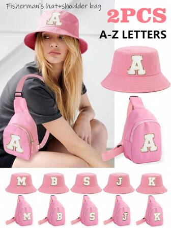 2 件女士个性化 26 个字母渔夫帽和迷你斜挎包套装，时尚百搭户外太阳帽，紧凑型零钱袋，适合春夏季日常穿着和作为送给女朋友的礼物