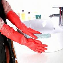 Guantes de goma rojos impermeables, guantes de látex largos para lavar platos y uso en la cocina - Rojo - Ver 9