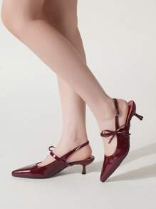 Women's Burgundy Pointed Toe Criss-Cross Strap High Heels Sandals, Bow Decor Formal Party Shoes Suitable For Weddings, Galas, Valentine's Day