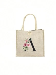 1 pieza Bolso de mano con flor de lino y letra, bolso de gran capacidad sencillo, bolso de almacenamiento casual portátil, bolsa de compras multifuncional, bolsa de regalo personalizada, adecuada para bodas, cumpleaños, playas, festivales, regalos perfectos para mujeres, maestros, amigos, damas de honor, bolsos grandes, estudiantes y vuelta a clases