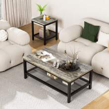 Coffee Table Set Of 3, Industrial Coffee Table With 2 Square End Side Tables, Living Room Table Set With Metal Frame For Apartment Home Office - Xám - Xem 4