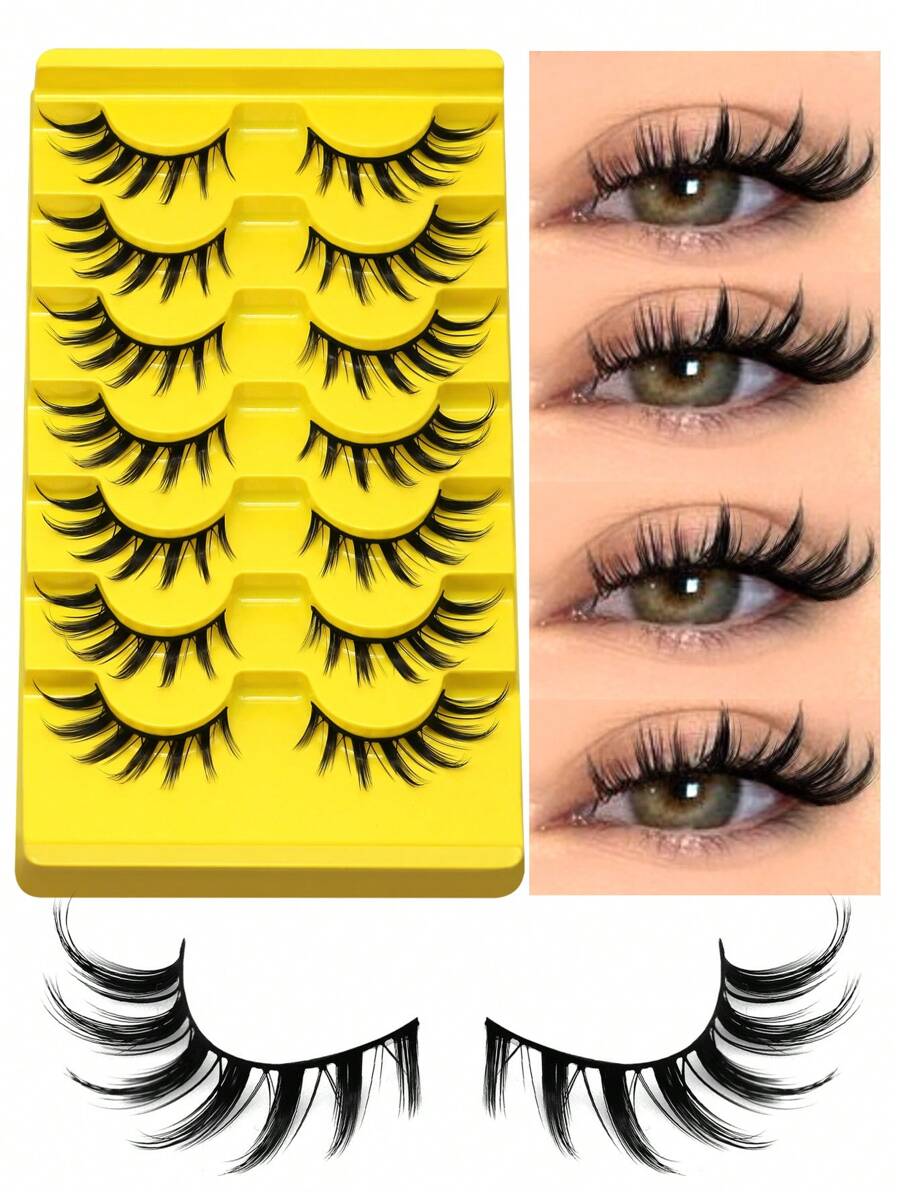 GROINNEYA 7 Pairs Cat Eye False Eyelashes, Natural Look 3D Faux Mink Soft Anime Cosplay Thick Lashes (Y04) - 黑色 - 查看 1
