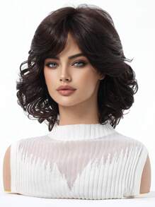 优雅蓬松女士假发深棕色 12 英寸短卷发假发，带刘海，编织合成女士假发，适合日常和节日佩戴 - Dark Brown - 查看 3