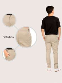 Calça Infantil Menino Sarja Com Elastano Juvenil Estilo Alfaiataria - Bege - Visão 5