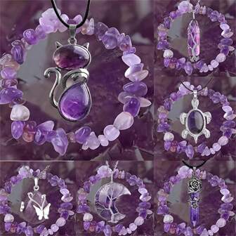 1/2 Pcs Amethyst Gemstone Jewelry Set - Luxury Necklace, Hexagon Amethyst Necklace And Energetic Bracelet Set, Handmade Beads From Raw Crystals - Spiritual Yoga Wear For Men And Women, Beautiful Healing Crystal Gift