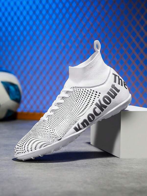 1 Paar Fußballschuhe für Jungen, Kinder Sneaker mit Farbblockdesign und Buchstaben-Muster, High Top Schnürsenkeln, leicht & bequem rutschfeste Sportschuhe für Outdoor Running