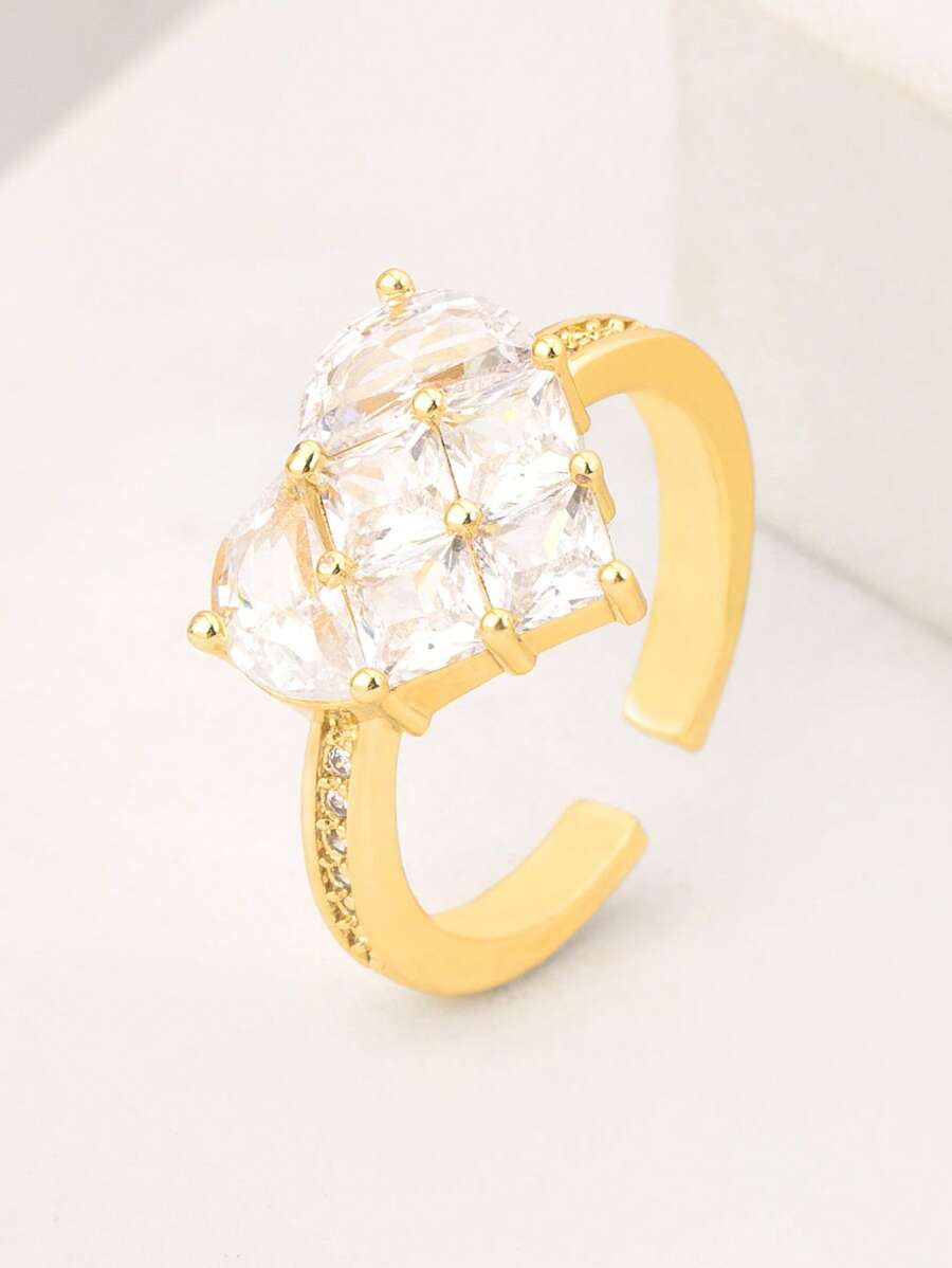 1pc Valentine's Day 18k Gold Plated Copper Metal Zirconia Heart Shaped Ring, Luxury Jewelry Gift For Women,Mom,Mother,Mother's Day,Gift