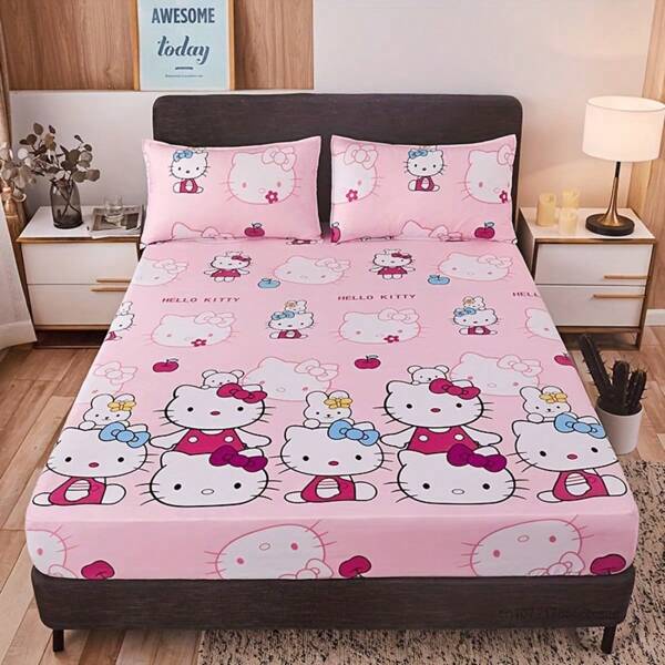 Sanrio 3Pcs/Set (1 Fitted Sheet + 2 Pillowcases) Sanrio Hello Kitty Licensed 1pc Fitted Sheet - Large Size (200X150Cm/78.74X59.05Inch) Elastic Non-Slip Mattress Protector - Cute Cartoon Dust Cover For All Seasons