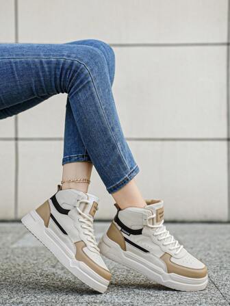 女士经典黑白高帮滑板鞋，系带前部休闲轻便多功能户外运动徒步鞋，适合所有季节